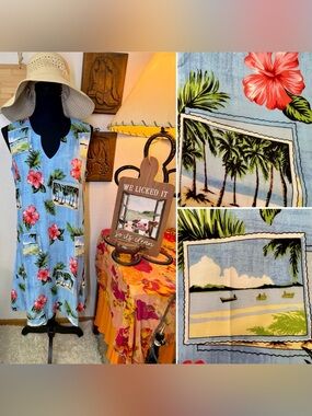 Peppermint Bay Rayon Hawaiian Hibiscus Floral Tank Dress Sleeveless Keyhole LRG